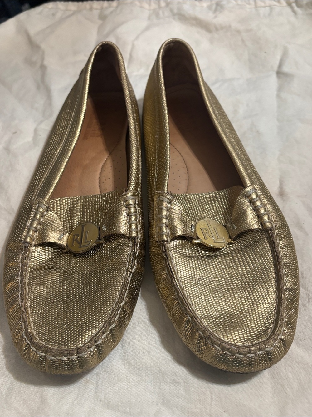 Ralph Lauren Metallic Gold Leather Moccasin Loafers - Women's